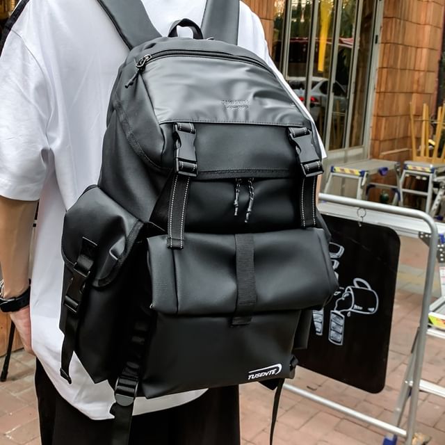 Lettering Backpack Faux Leather Buckled