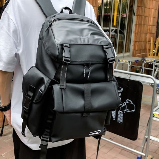 Lettering Backpack Faux Leather Buckled