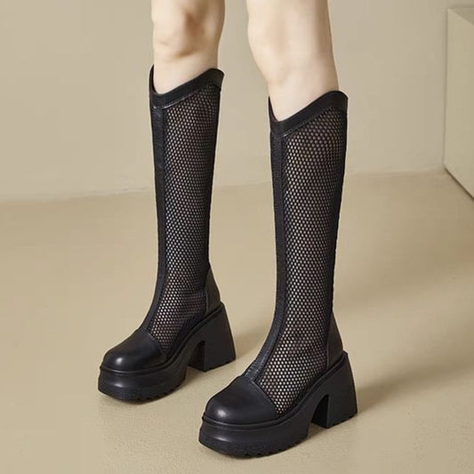 Tall Boots Platform Heel Plain Block Mesh