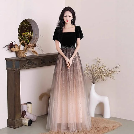 Puff-Sleeve Gown A-Line Evening Panel Square Neck Mesh