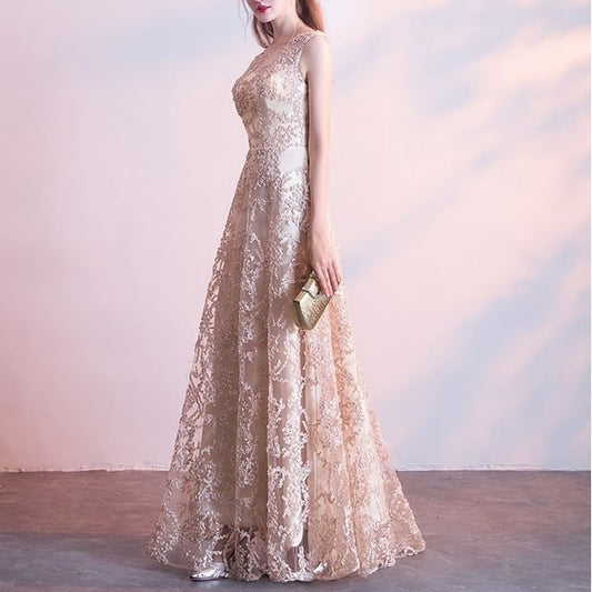 Neck A-Line Crew / Gown Embroidered Mesh Sleeveless 3/4-Sleeve Evening