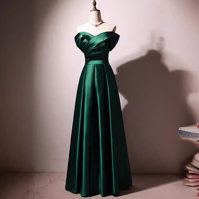 Gown Satin Plain Ruched Off-Shoulder Evening A-Line Pleated