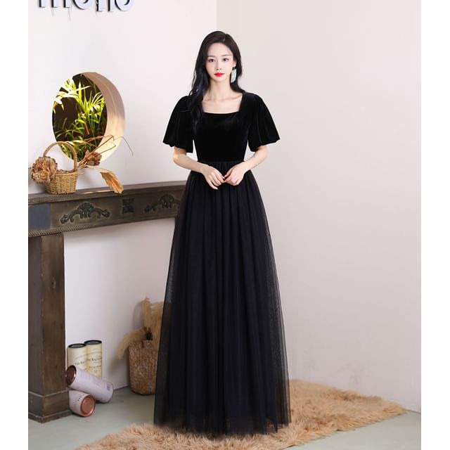 Puff-Sleeve Gown A-Line Evening Panel Square Neck Mesh