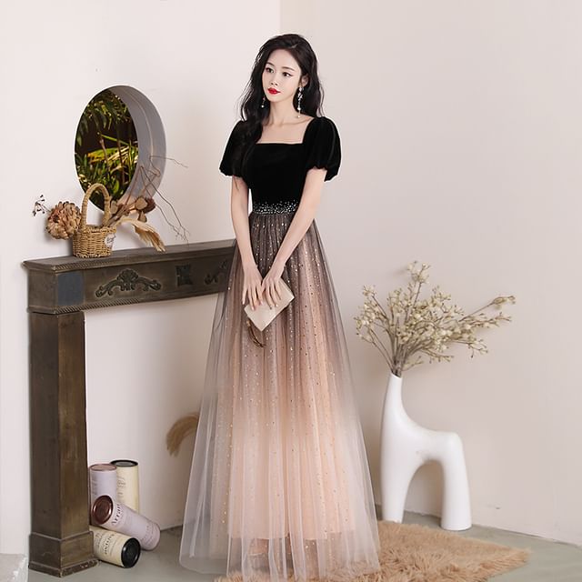 Puff-Sleeve Gown A-Line Evening Panel Square Neck Mesh