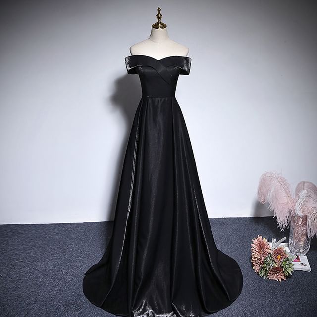 Satin A-Line Evening Gown Off-Shoulder Plain