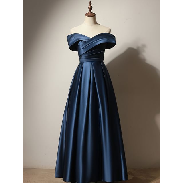 Gown Satin Plain Ruched Off-Shoulder Evening A-Line Pleated