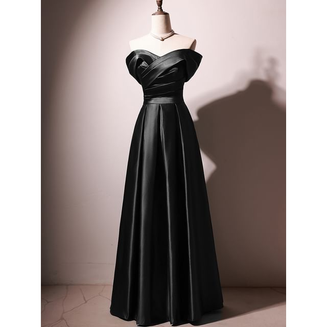 Gown Satin Plain Ruched Off-Shoulder Evening A-Line Pleated