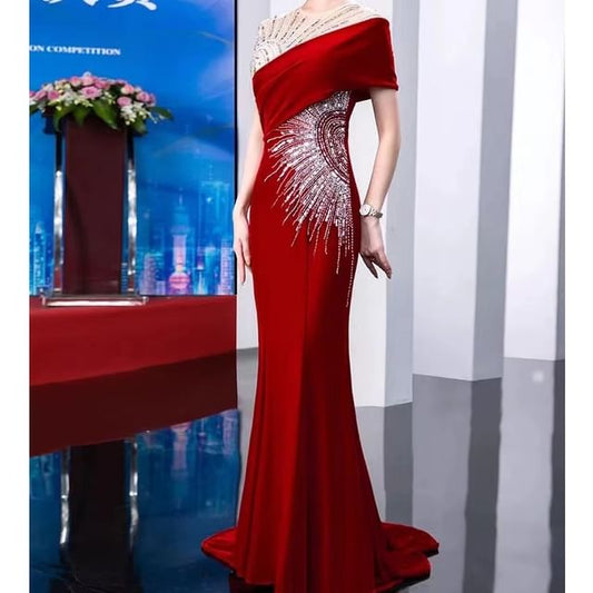 Short Sleeve Round Neck Sequin Panel Mesh Trumpet Evening Gown