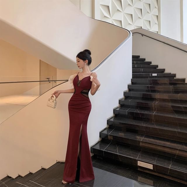 Slit Evening Strap Panel Sheer Spaghetti Ruched V-Neck Gown Mermaid