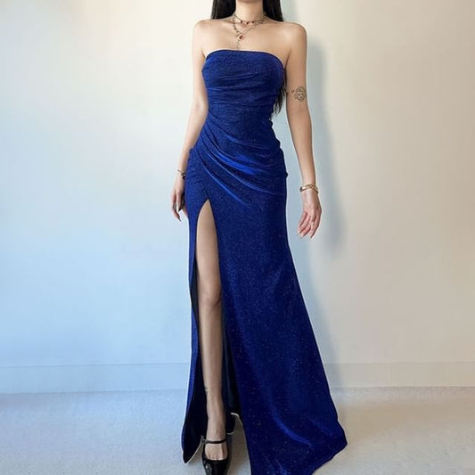 Strapless Ruched Gown Evening Mermaid Slit Glitter