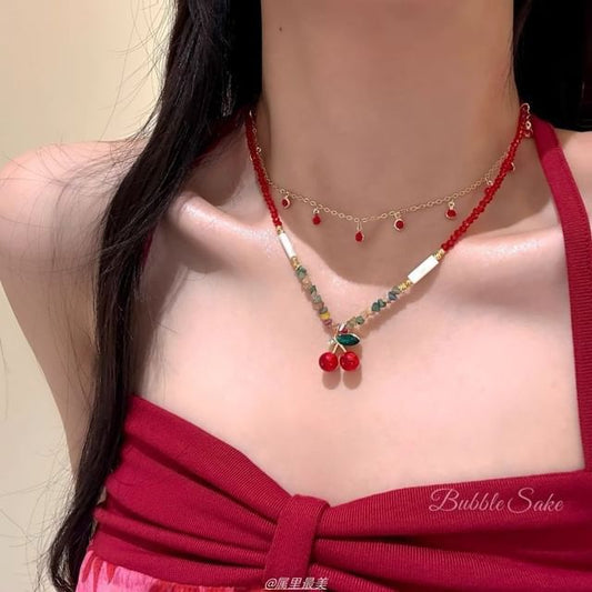 Pendant Layered Beaded Necklace Cherry