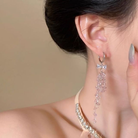 Bow Earring Drop Huggie Rhinestone Fringed