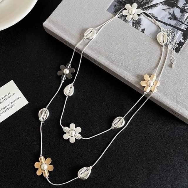 Long Faux Necklace Flower Pearl