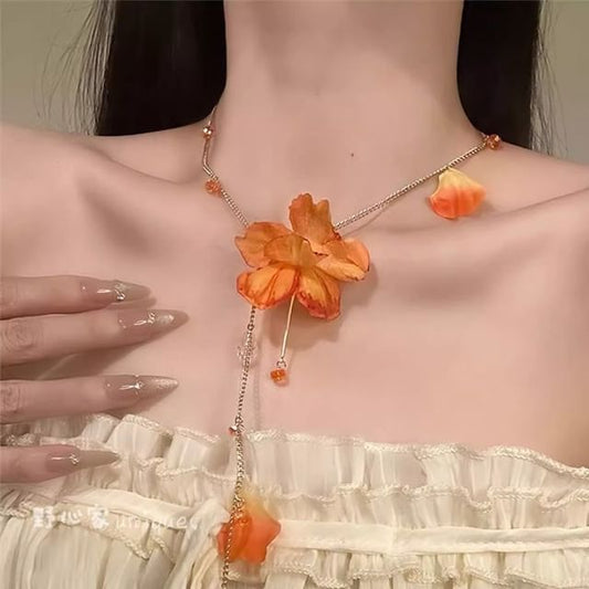 Lariat Flower Necklace Fringed