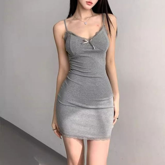 Strap Lace V-Neck Trim Spaghetti Mini Dress Bodycon Plain