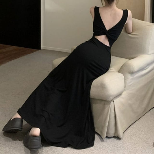 Backless Sleeveless Maxi Dress Neckline Bowknot