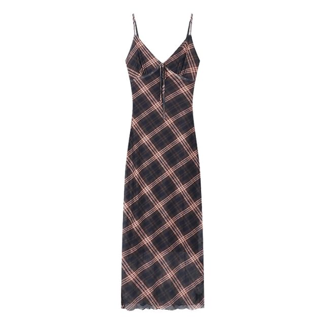 Dress Plaid V-Neck Maxi Sleeveless Print
