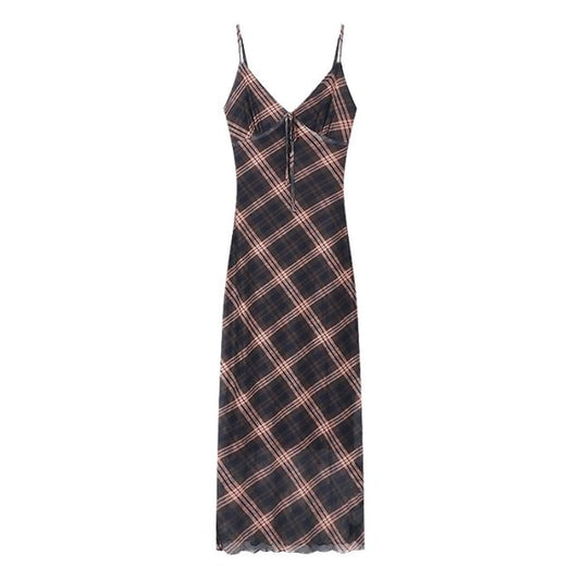 Dress Plaid V-Neck Maxi Sleeveless Print