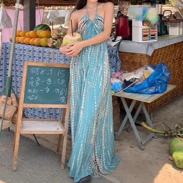 Sleeveless Neck Dress Halter Printed Maxi