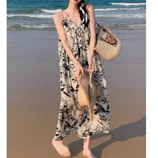 Print Strap Floral Spaghetti Maxi V-Neck Dress