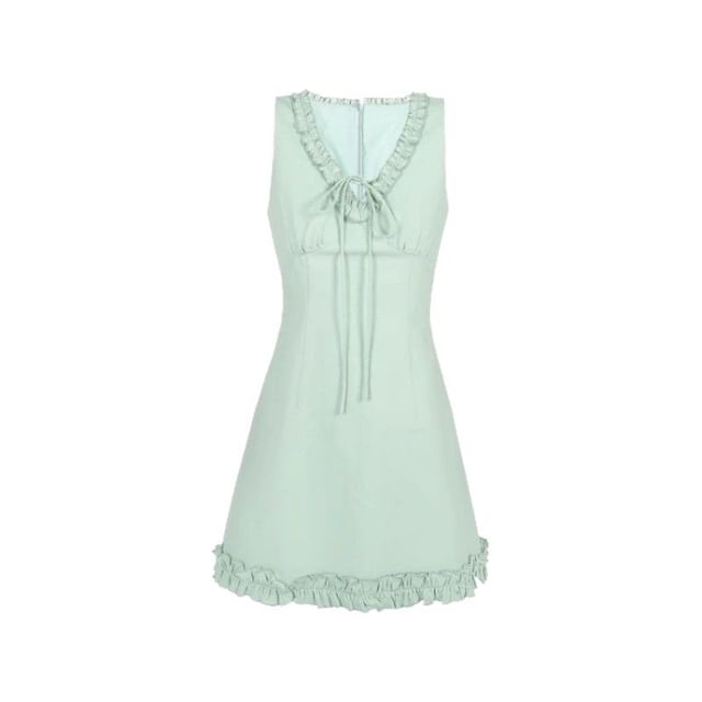 V-neck Mini Trim Dress Sleeveless Ruffle