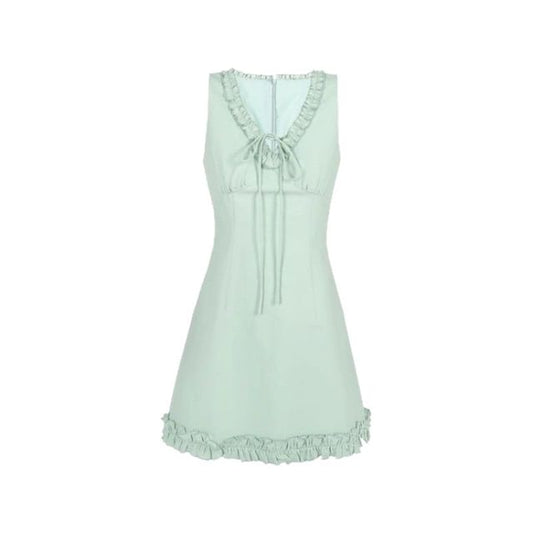 V-neck Mini Trim Dress Sleeveless Ruffle