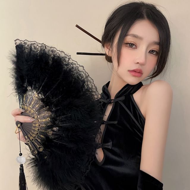 Foldable Fan Feather Hand Lace Tassel