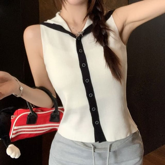 Sailor Collar Button-Up Knit Sleeveless Top