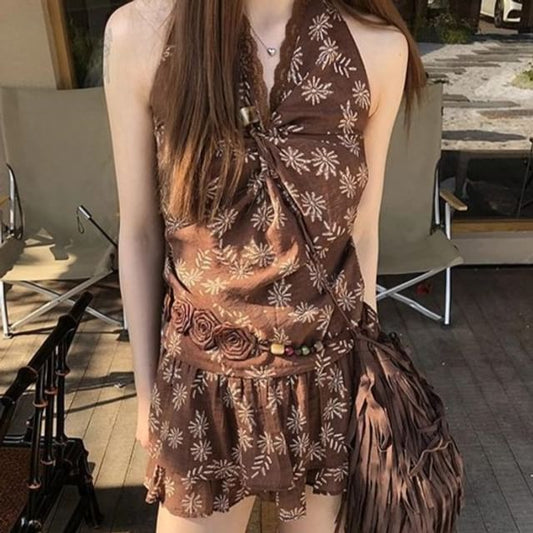 Skirt / Mini V-Neck Print Sleeveless Top