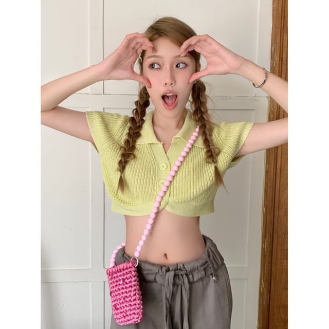 Knit Plain Short-Sleeve Collared Top Crop