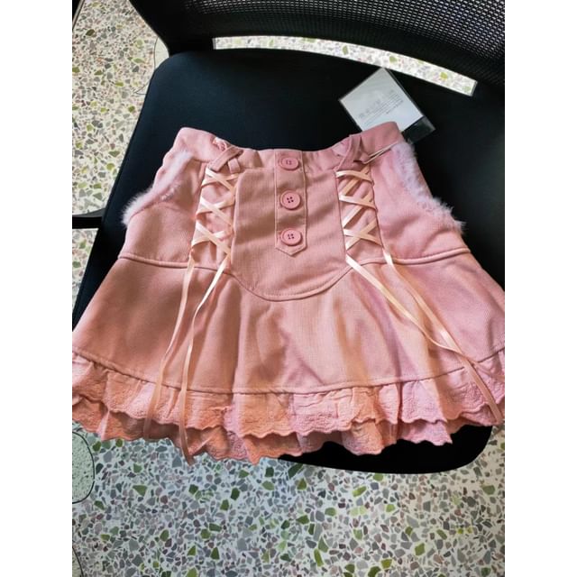 Skirt High Waist Knit Tiered Lace Mini Trim