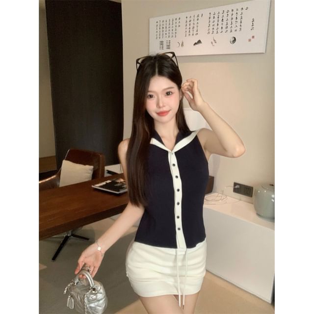 Sailor Collar Button-Up Knit Sleeveless Top