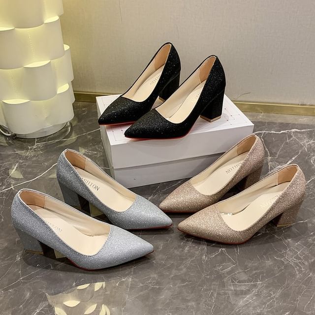 Heel Pointed Block Glitter Pumps Toe