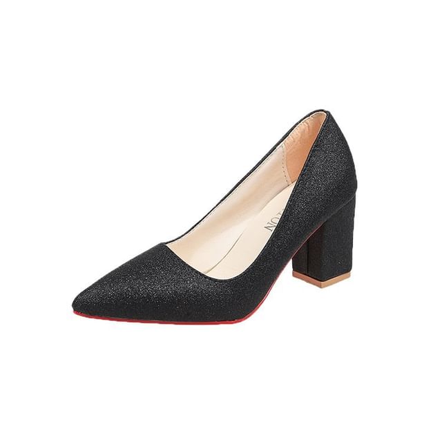 Heel Pointed Block Glitter Pumps Toe