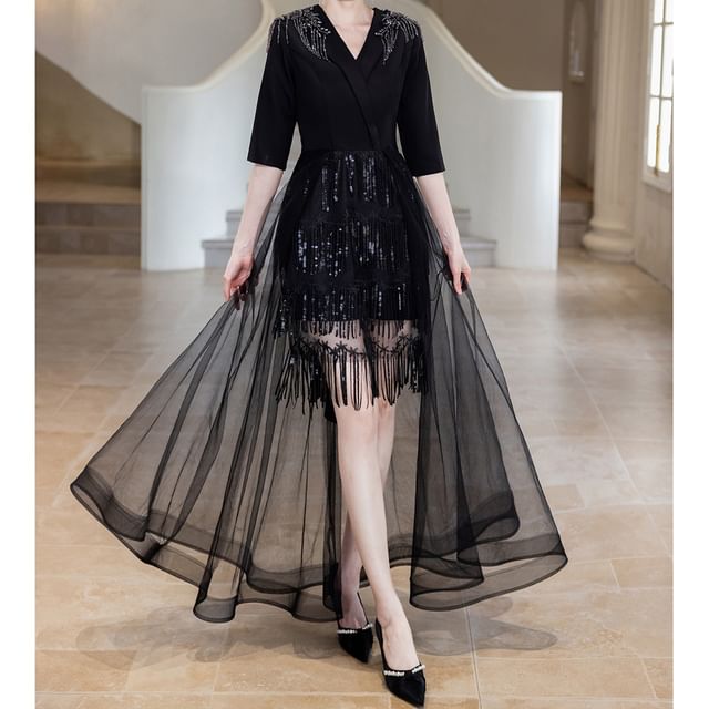 Elbow-Sleeve Rhinestone Gown A-Line Evening Glitter