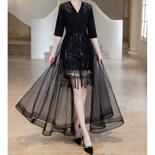 Elbow-Sleeve Rhinestone Gown A-Line Evening Glitter