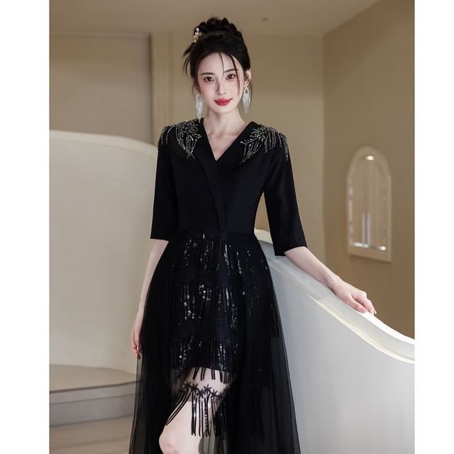 Elbow-Sleeve Rhinestone Glitter A-Line Evening Gown