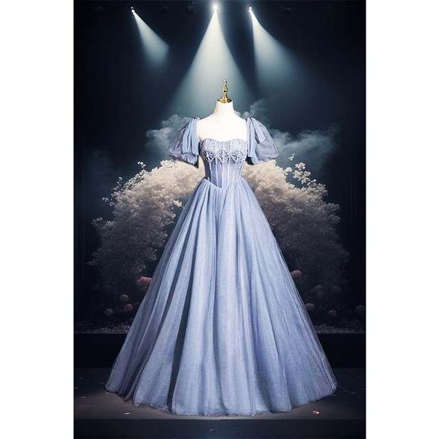 Gown Square Plain Evening Short-Sleeve Neck Rhinestone A-Line