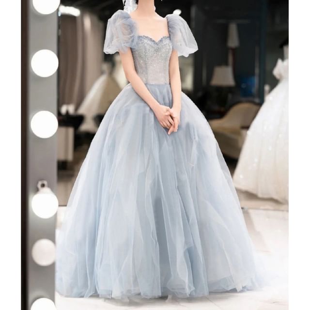 A-Line Neck Evening Sweetheart Sleeve Puff Gown