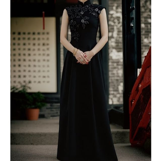 Evening Sleeveless Mock A-Line Neck Floral Embroidered Gown