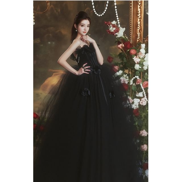 Plain Strapless A-Line Detail Flower Gown Evening