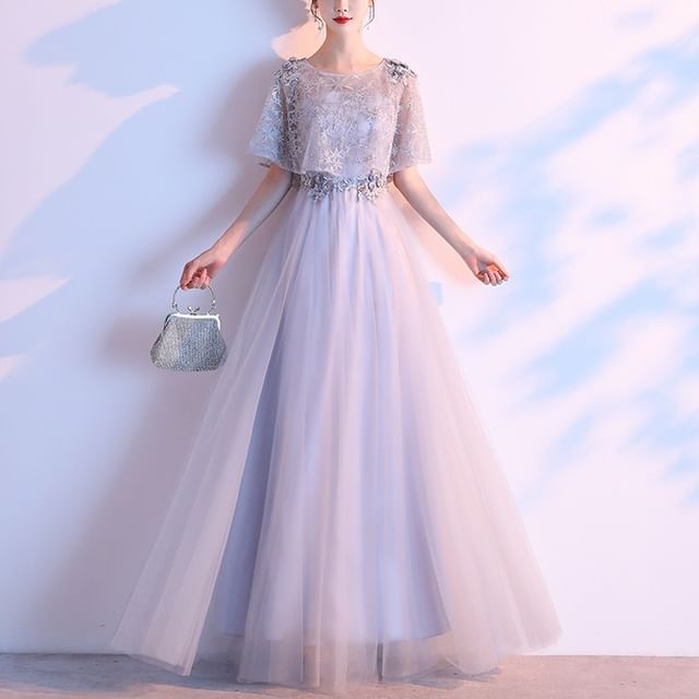 Designs) Panel A-Line Gown Lace Short-Sleeve Evening (Various