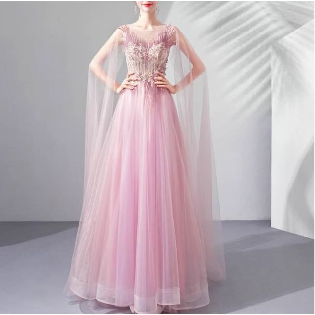 Gown A-Line Floral Cape-Sleeve Evening Embroidered Mesh