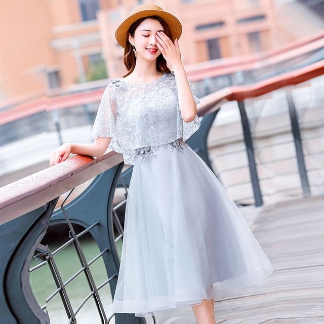 Designs) Panel A-Line Gown Lace Short-Sleeve Evening (Various