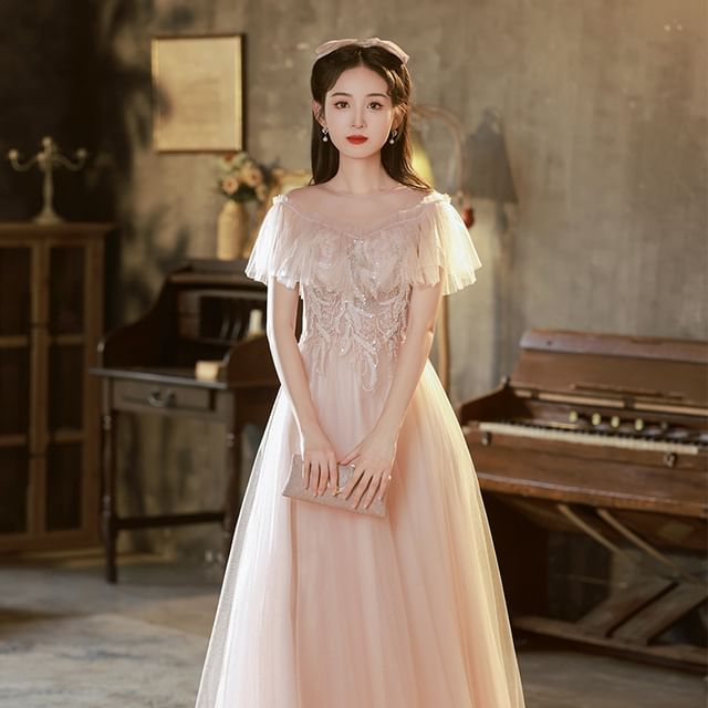 Evening Short-Sleeve Sequined A-Line Gown Designs) Ruffle Mesh (Various