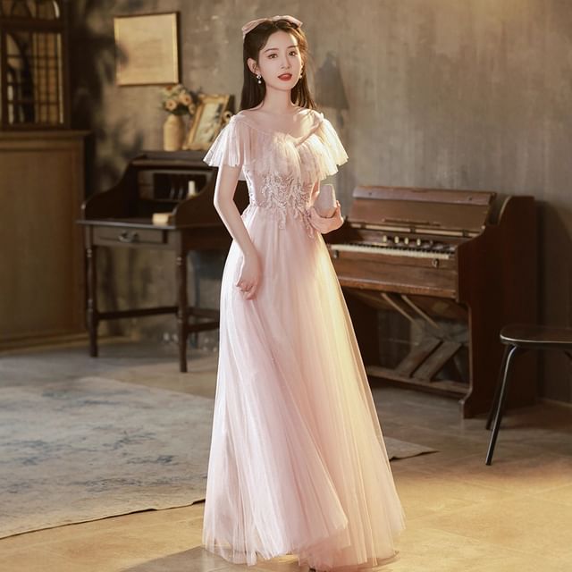 Evening Short-Sleeve Sequined A-Line Gown Designs) Ruffle Mesh (Various