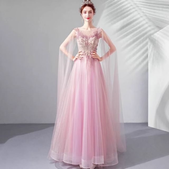 A-Line Embroidered Gown Evening Mesh Sleeveless Floral