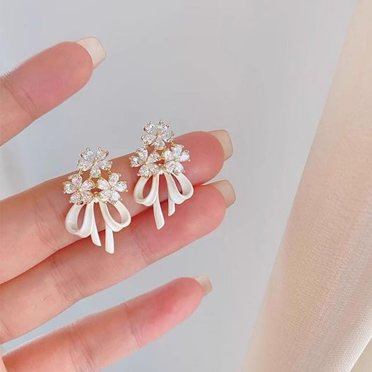 Earring Flower Drop Rhinestone Bow