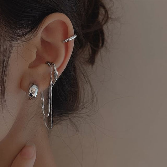 Cuff Ear Hoop Chain Set: Silver + Sterling Plain Earring 925