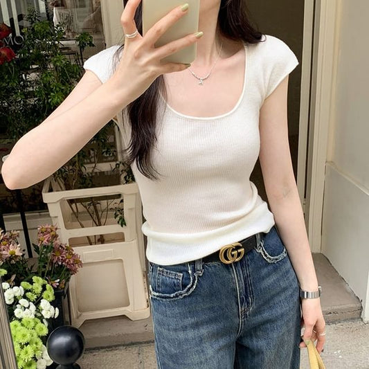 Knit Cap-Sleeve Neck Scoop Top Plain